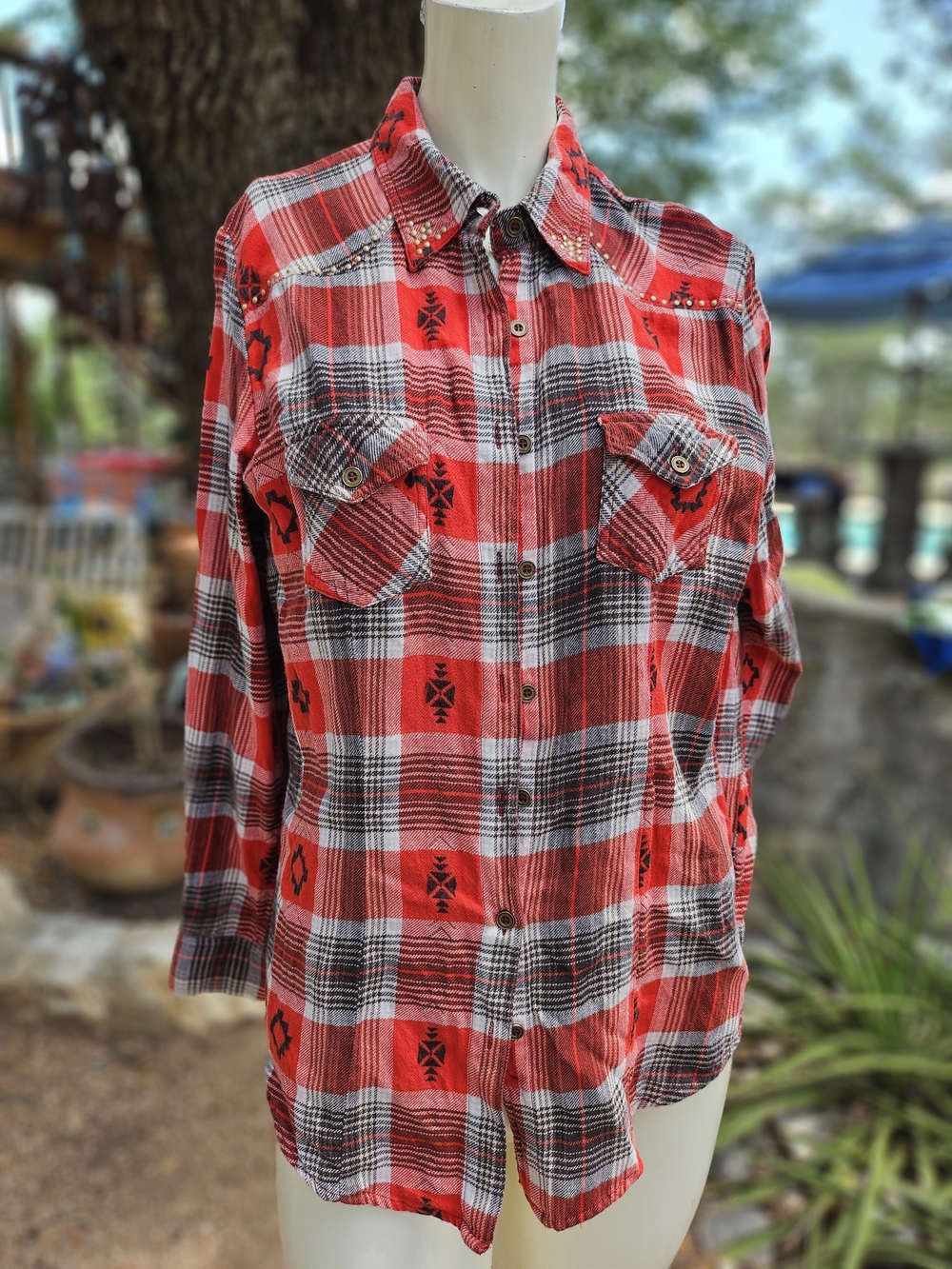 Lola P Women’s Red Plaid Button-Down Shirt with Embroidered Accents M